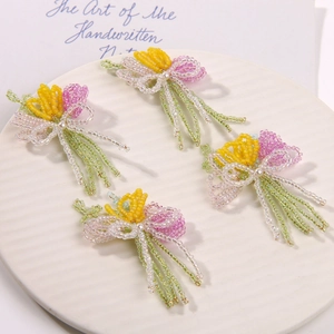 Handmade beaded tulip flower charms in yellow and purple with pearls for DIY hair clips