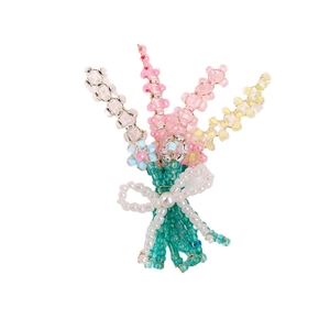 Handmade beaded floral brooch accessory with pastel pink and blue beads in a bouquet design