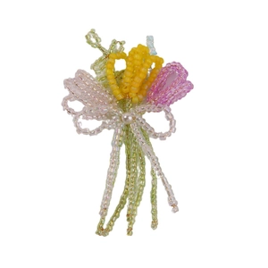 Handmade beaded tulip flower bouquet brooch with yellow and pink petals and green stem