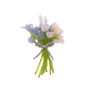 Handmade beaded lavender tulip bouquet brooch with pearl and bow detail in pastel colors