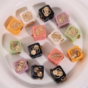 Steampunk resin cube charms with gold gears inside, colorful DIY jewelry components