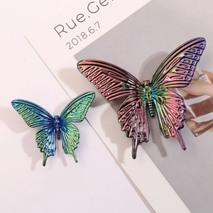 Detailed macro view of colorful AB iridescent gradient acrylic butterfly charms for DIY