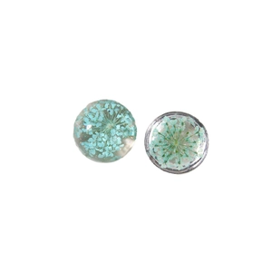 Clear resin round stud earrings featuring real blue dried flowers and silver base