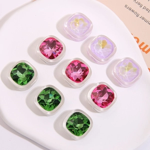 Square faceted resin gems in green, rose, and purple with clear bases for DIY jewelry