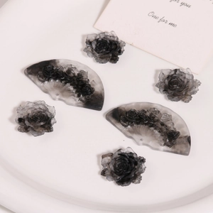 Vintage smoky black resin flower and fan-shaped charms for elegant DIY jewelry design