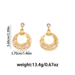 Detail view of gold layered hoop earrings with zircon stud and measurement dimensions