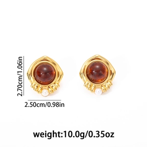 Pendientes de acero inoxidable estilo vintage con piedra de ámbar y una perla