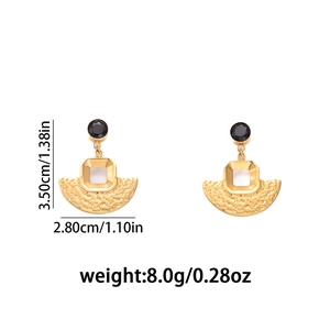 Vintage gold textured fan earrings with black stone, geometry style, 3.5x2.8cm