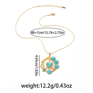 Gold stainless steel necklace with lace round pendant and turquoise heart, 40+7cm chain