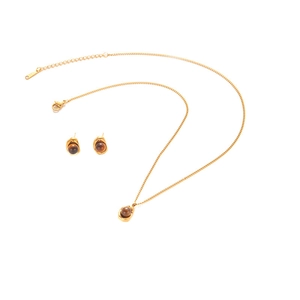 Golden stainless steel jewelry set with geometric brown stones and pearl accents