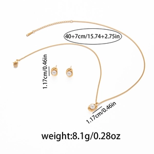 Detailed view of pearl necklace and earring set with precise measurement annotations