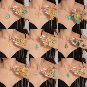 Vintage gold stainless steel necklace with bohemian heart and butterfly turquoise pendants