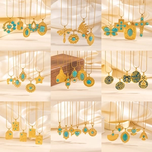 Vintage Bohemian Stainless Steel Necklace Women Artificial Turquoise Butterfly Heart Ethnic Retro Pendant Jewelry Gift