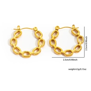 Detail view of 18K gold plated chain hoop earrings with dimension and weight labels