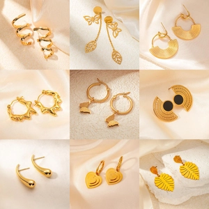 Detailed grid view of nine assorted gold-plated titanium steel earrings in unique designs