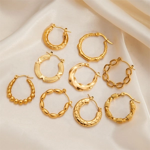 18K Gold Plated Titanium Steel Hoop Earrings For Women Geometric Twisted Bamboo Chain Link Texture Fashion Jewelry Ear Buckles