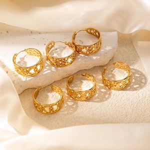 Detailed view of six gold-plated hoop earrings with various hollow patterns on stone