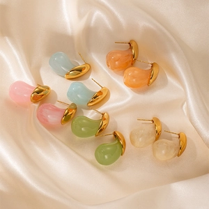 Minimalist colorful resin teardrop earrings set with polished gold metal finish on satin