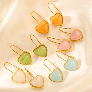 Retro resin heart dangle earrings in multiple colors with gold-plated metal frames