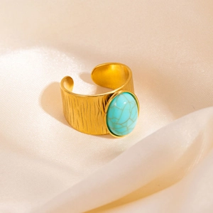 Retro Edelstahl Breitband Offener Ring Mit Ovalem Türkis Eingelegt Vergoldet Strukturierter Verstellbarer Ring Für Damen
