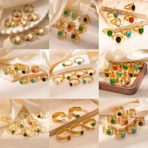 French vintage titanium steel rings with colorful natural stones in gold finish for women
