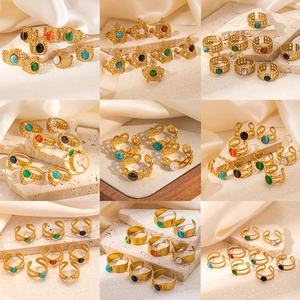 French retro gold adjustable titanium steel rings featuring various natural colorful stones