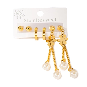Ensemble de 3 paires de boucles d'oreilles dorées en acier inoxydable avec perles et glands