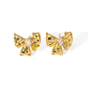 Boucles d'oreilles nœud dorées avec strass colorés et incrustation de cristal