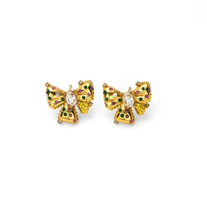 Vue détaillée de boucles d'oreilles nœud vintage avec strass colorés et finition dorée