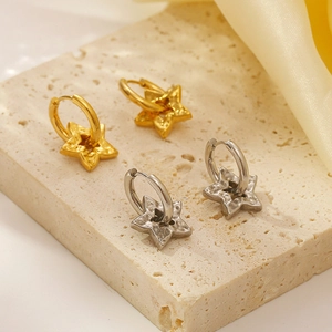 Star Pendant Hoop Earrings 18K Gold Plated Stainless Steel Hammered Texture INS Style For Women