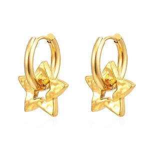 Close-up of gold star earrings with irregular hammered texture on stainless steel