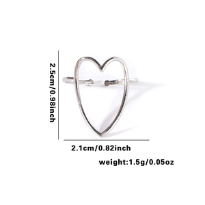 Bague cœur évidée en argent avec design ajustable et mesures de taille précises
