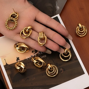 Vintage 18k gold plated stainless steel twisted hoop earrings with geometric bead accents