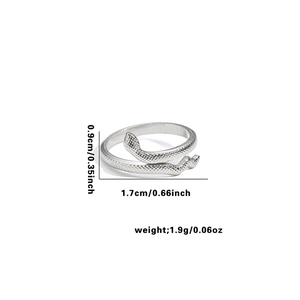Silver snake open ring with scale texture showing dimensions 0.9cm width and 1.9g weight