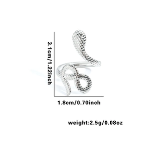 Adjustable silver snake-shaped stainless steel ring with detailed scale texture