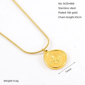 Detail of 18k gold plated stainless steel compass necklace with 45cm snake chain