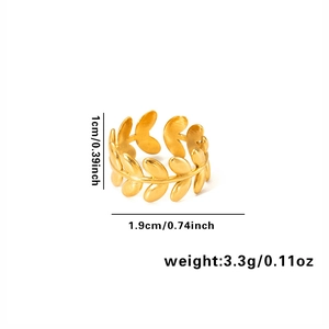 Detailed dimensions of adjustable golden leaf ring in matte finish with size markings
