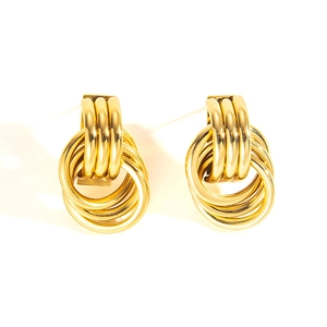 Retro 18k gold plated stainless steel layered hoop earrings with ribbed top and stacked rings