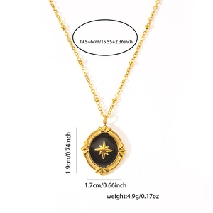 Detailed view of a gold oval star pendant with black enamel and bead chain measurements