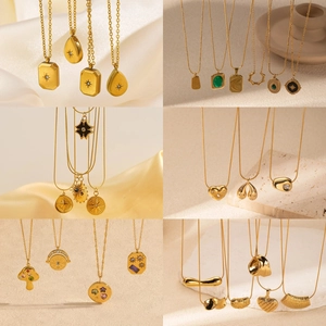 18K Gold Plated Stainless Steel Pendant Necklace For Women Vintage Geometric Star Moon Compass Rhinestone Snake Chain Jewelry