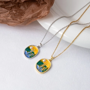 Colliers pendentifs ovales peinture à l'huile artistique en or et argent avec perle