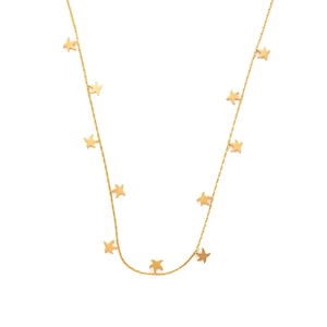 Detailed close-up of golden necklace featuring small star-shaped pendants on a white background