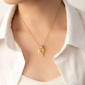 Golden chain necklace for women with ice cream, star and pink crystal pendants