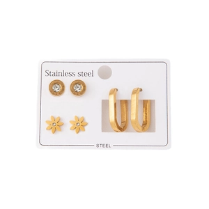 Titanium steel earring set featuring Roman numeral hoops and zircon flower studs in gold