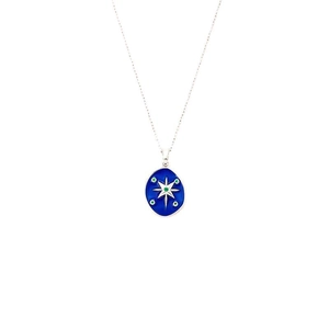 Starry sky pendant necklace with blue enamel and green gems on silver steel chain