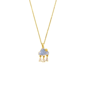 Golden necklace with blue cloud pendant and dangling cubic zirconia water drop tassels