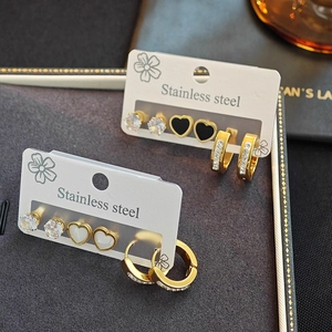 French Style Stainless Steel Heart Earring Set For Women Gold Plated Rhinestone Artificial Pearl Stud Hoop Earrings 3 Pairs