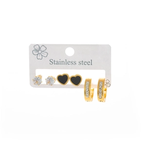 Three-pair gold stainless steel earring set with zircon, black heart and crystal hoops