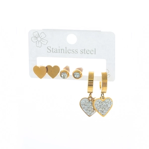 Three-pair stainless steel earring set with heart studs and cubic zirconia hoops
