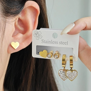 Elegant gold-plated stainless steel heart earring set with shimmering pavé zircon crystals